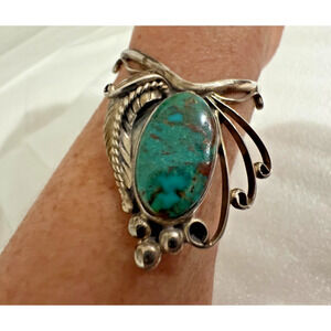 Native American Green Royston Turquoise Sterling Silver Cuff Bracelet Signed DCG